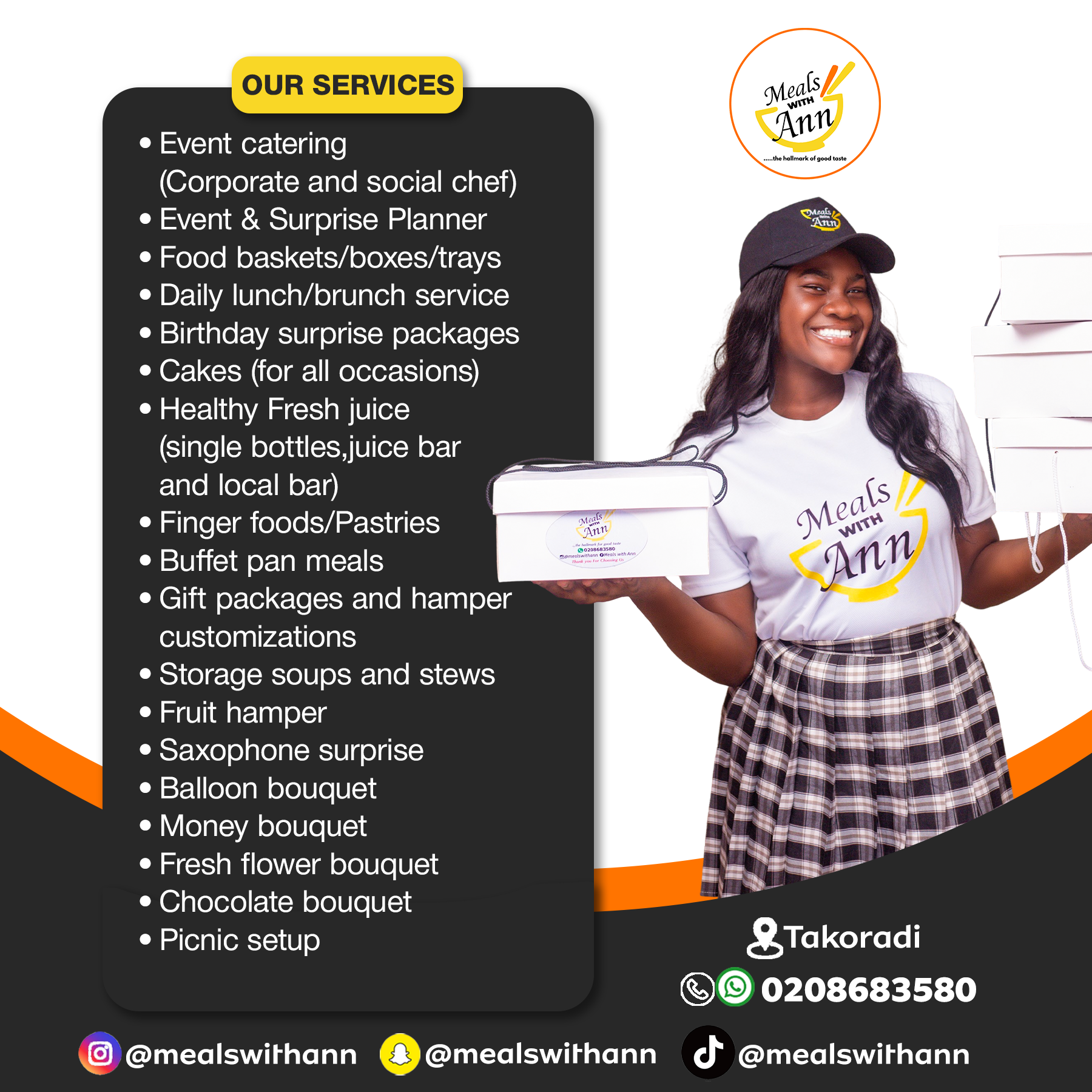 Meals with Ann services flyer — catering, gifts, juices, bouquets, and picnic setups